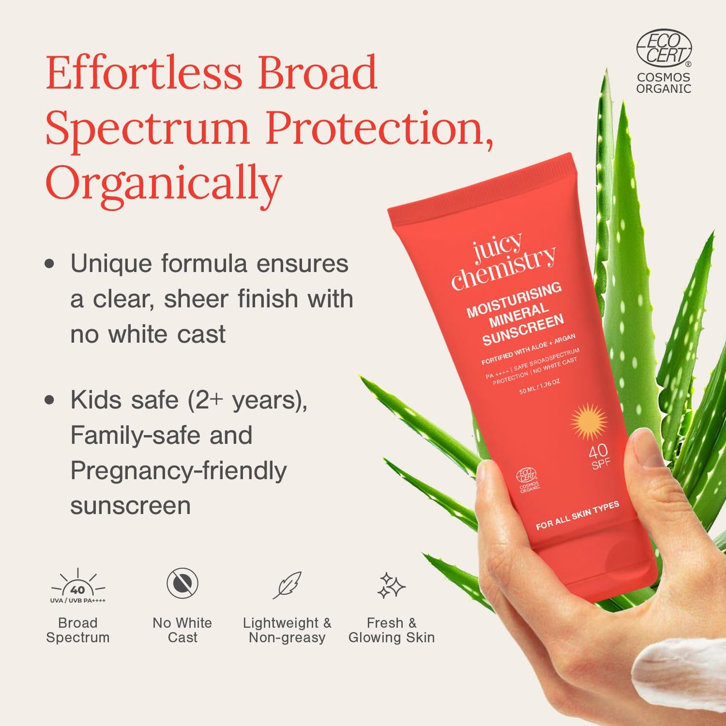 Juicy Chemistry Moisturising Mineral Sunscreen SPF 40 PA+++ with Aloe Vera & Argan Oil, 50g | Lightweight, Non-Greasy, Broad Spectrum Protection | Kids & Pregnancy Safe | No White Cast