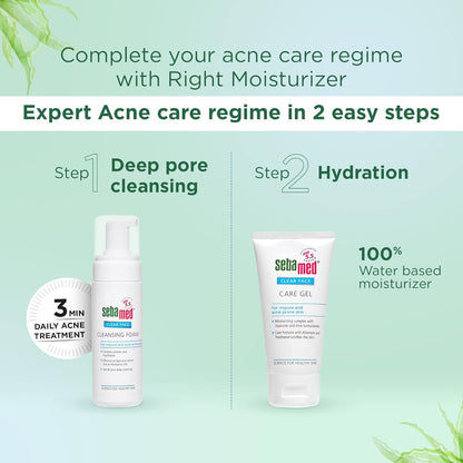 Acne care products with step-by-step guide on a light green background