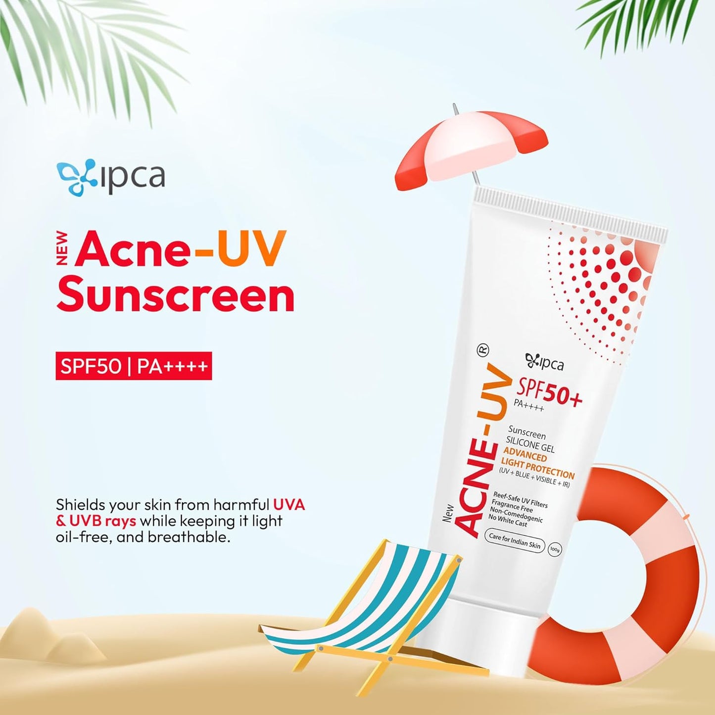 Ipca New Acne-UV Sunscreen SPF50 PA++++ | 100g Acne-UV Gel Sunscreen | Non Comedogenic | Silicone Gel | Oil-Free | UVA/UVB Protection | Water Resistant | No White Cast | Suitable for All Skin Types