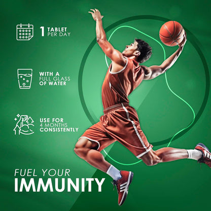 Basketball player in action with health product promotion on a green background