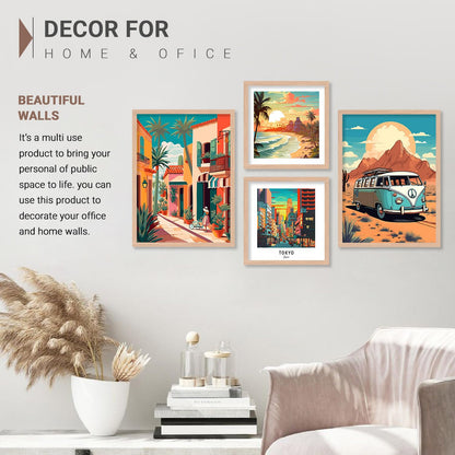 Wood Premium Digital Paintings With Frame For Home Decoration - Iconic Cities Vibrant Painting For Living Room Bedroom Office Room Décor Set of 4 (Art 8, small (10x13 or 10x10 inch))