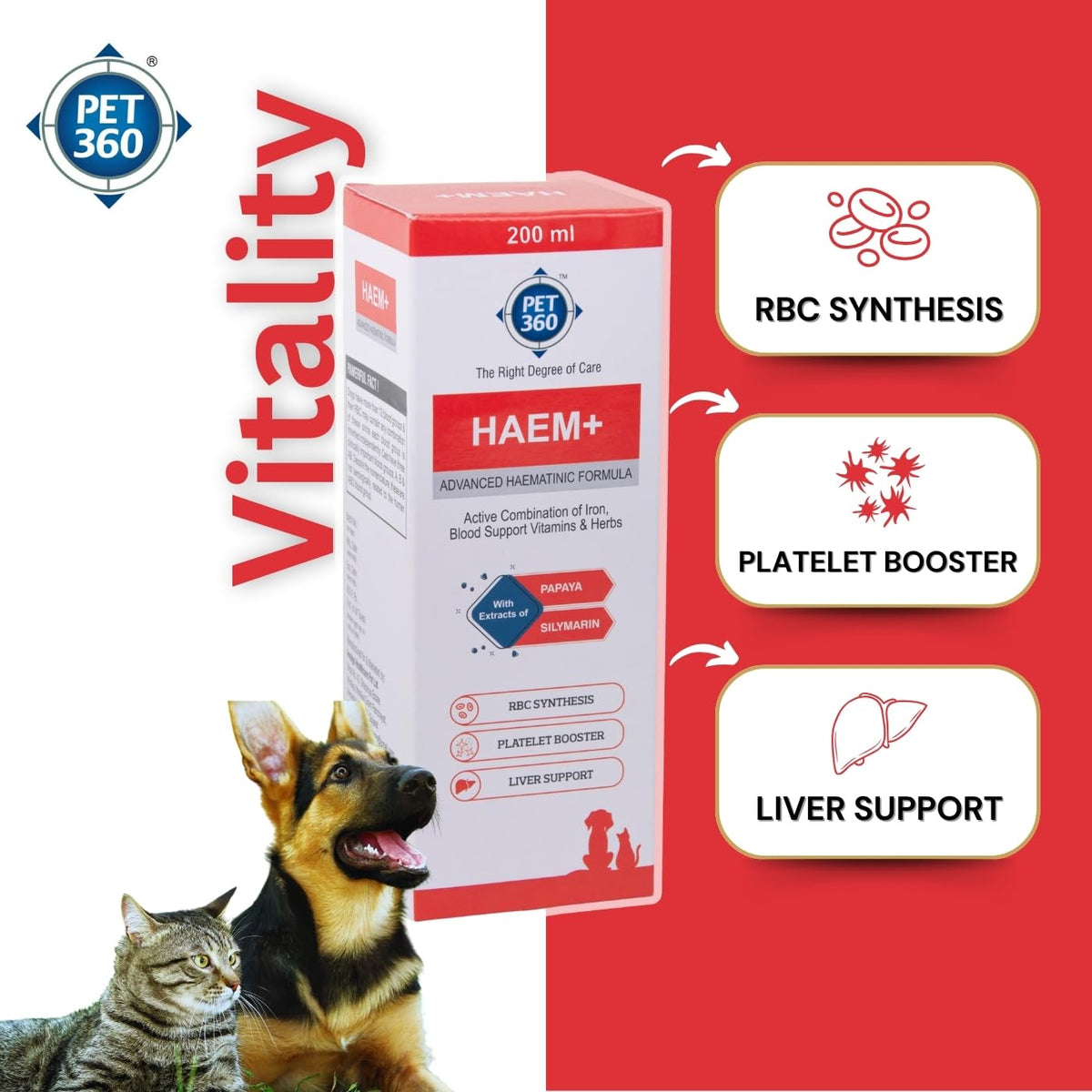 PET360 HAEM+ Advanced Haematinic Formula | Health Booster & Liver Tonic for Cats & Dogs | with Extracts of Papaya & Silymarine | Active Combination of Iron, Blood Support Vitamins & Herbs - 200 ml
