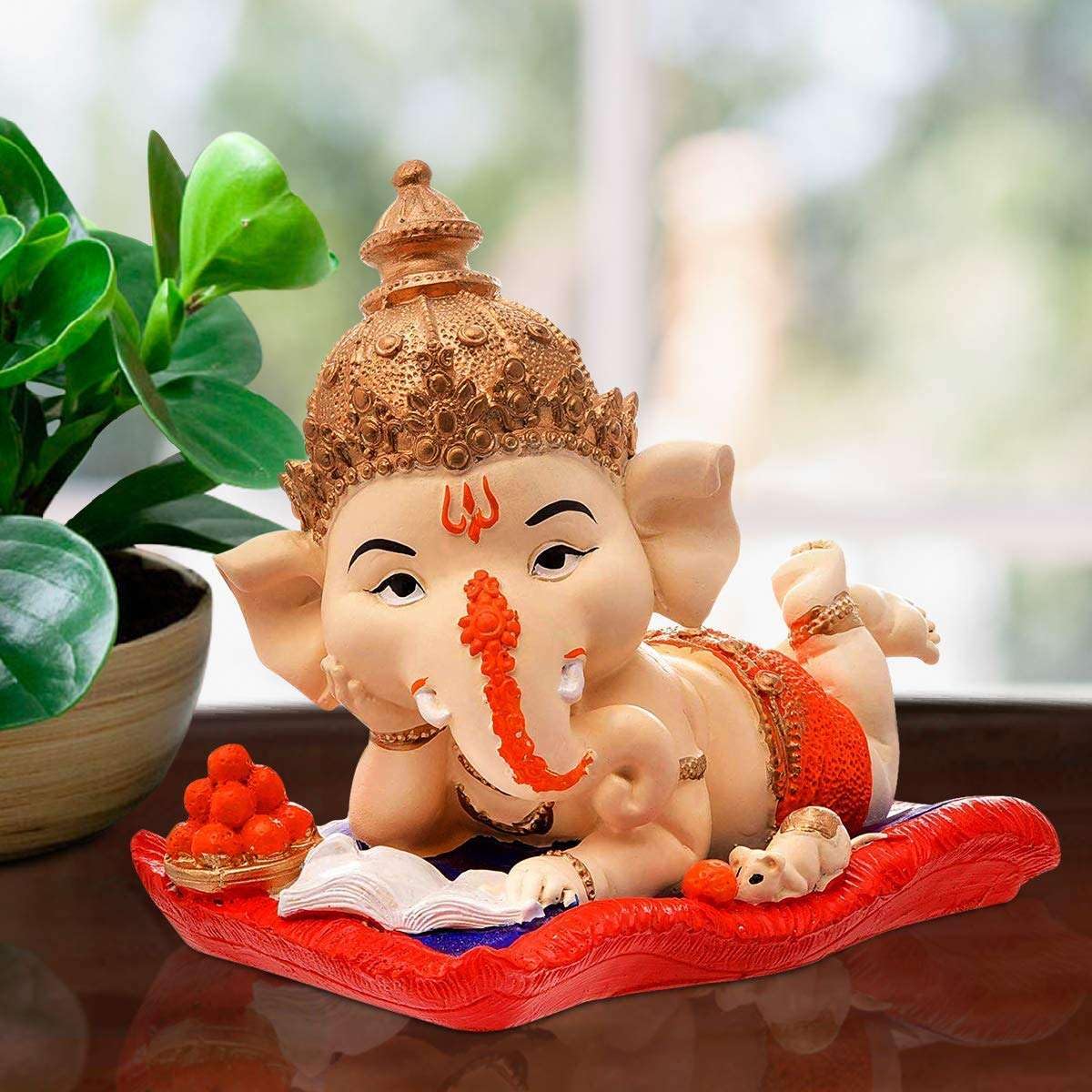 Polyresin Ganesha Reading Book with Mushak Showpiece for Home Decor Office Table Mandir Pooja Spiritual Gift Idol Figurine