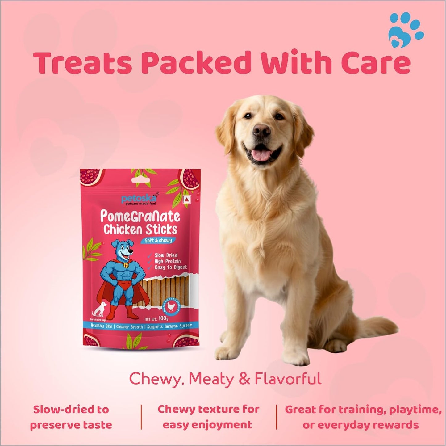 Petoska Chicken & Pomegranate Dog Treats – 100g Natural Chewy Sticks for Dogs, Immune Support, Cleaner Breath, Perfect Training Snack, All-Natural Chicken Jerky for Puppies & Adult Dogs