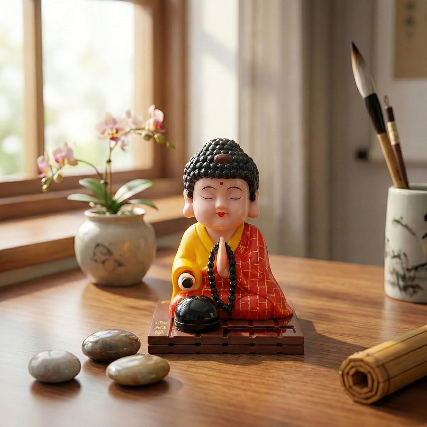 eCraftIndia Moving Head Monk Buddha Idol Showpiece for Home Decor Car Dashboard Office | Feng Shui Spiritual Meditation Buddha Statue Figurine for Good Luck Gift for Housewarming (Plastic, Red)