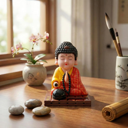 eCraftIndia Moving Head Monk Buddha Idol Showpiece for Home Decor Car Dashboard Office | Feng Shui Spiritual Meditation Buddha Statue Figurine for Good Luck Gift for Housewarming (Plastic, Red)