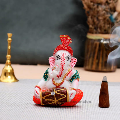 Handcrafted Pagadhi Ganesh Dholak White Ochre Beautiful Lord Bappa Ganesha Ganpati Ganesh ji Statue Car Dashboard Idol Showpiece Decorative Showpiece (Design 4)