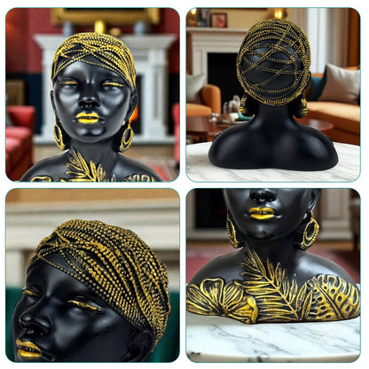 Black & Gold Tribal Leaf Lady Bust 19cm Polyresin African Woman Figurine | Elegant Table-Top Decorative Showpiece for Living-Room Office Desk Shelf & Gift Collectible Decorative Showpiece