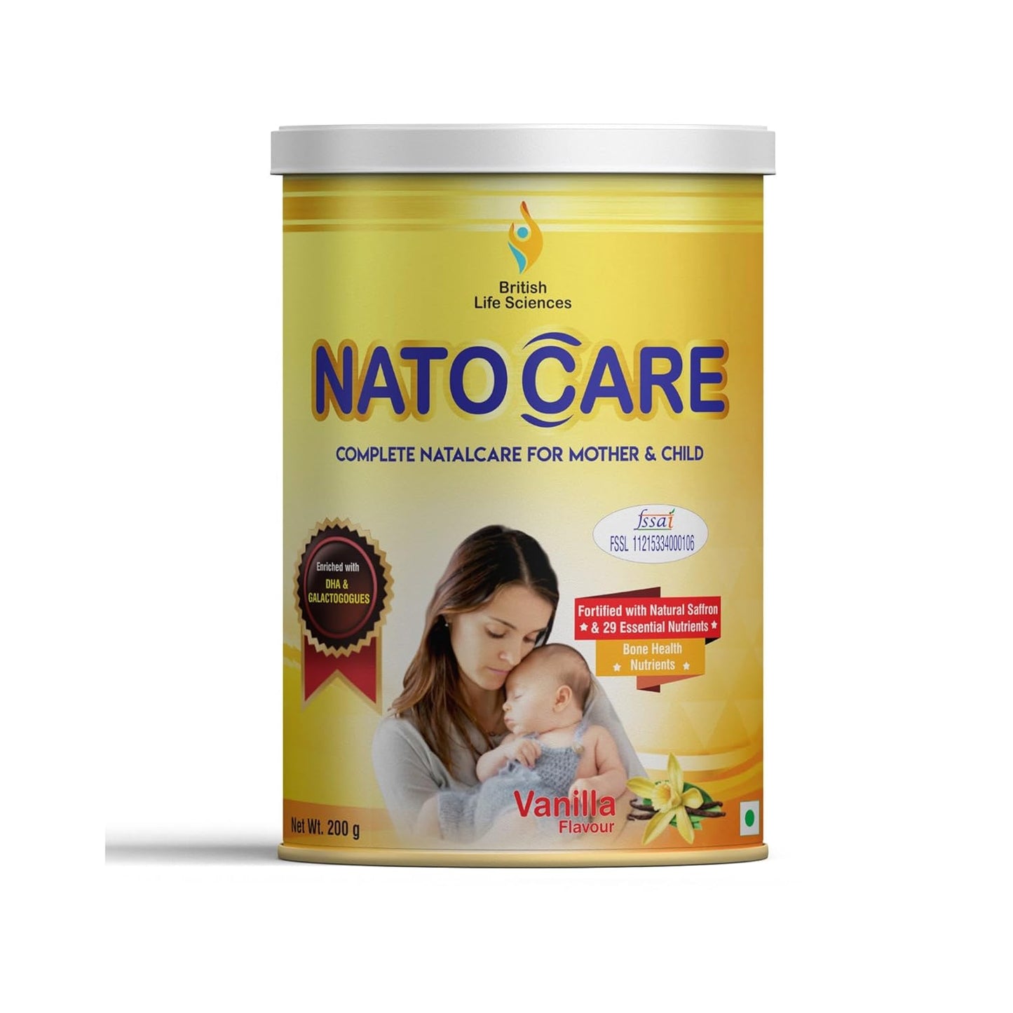 NatoCare product container with a woman and child on the label against a white background