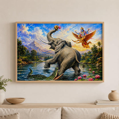 Gajendra Moksha Lord Vishnu Vastu Wall Painting for Living Room Bedroom Hall Office Decor, Hindu Devotional Artwork, Premium Wooden Synthetic Frame (13.5 x 19.5 Inch) NM01-V-181