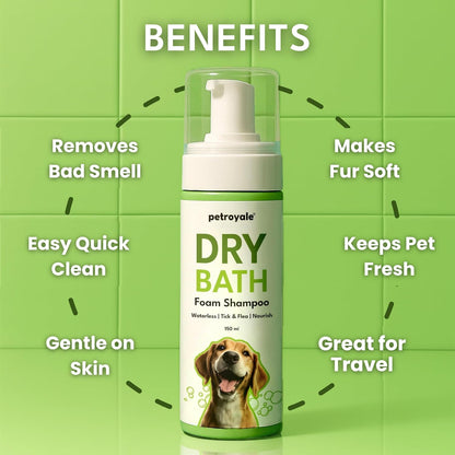Petroyale Dry Bath Foam Shampoo for Dogs - Gentle and Natural Cleansing-Tick, Flea & Itch Relief - Waterless Foam Shampoo for Dog- with Lemongrass and Aloe Vera - for All Breeds | 150ml (Pack of 1)