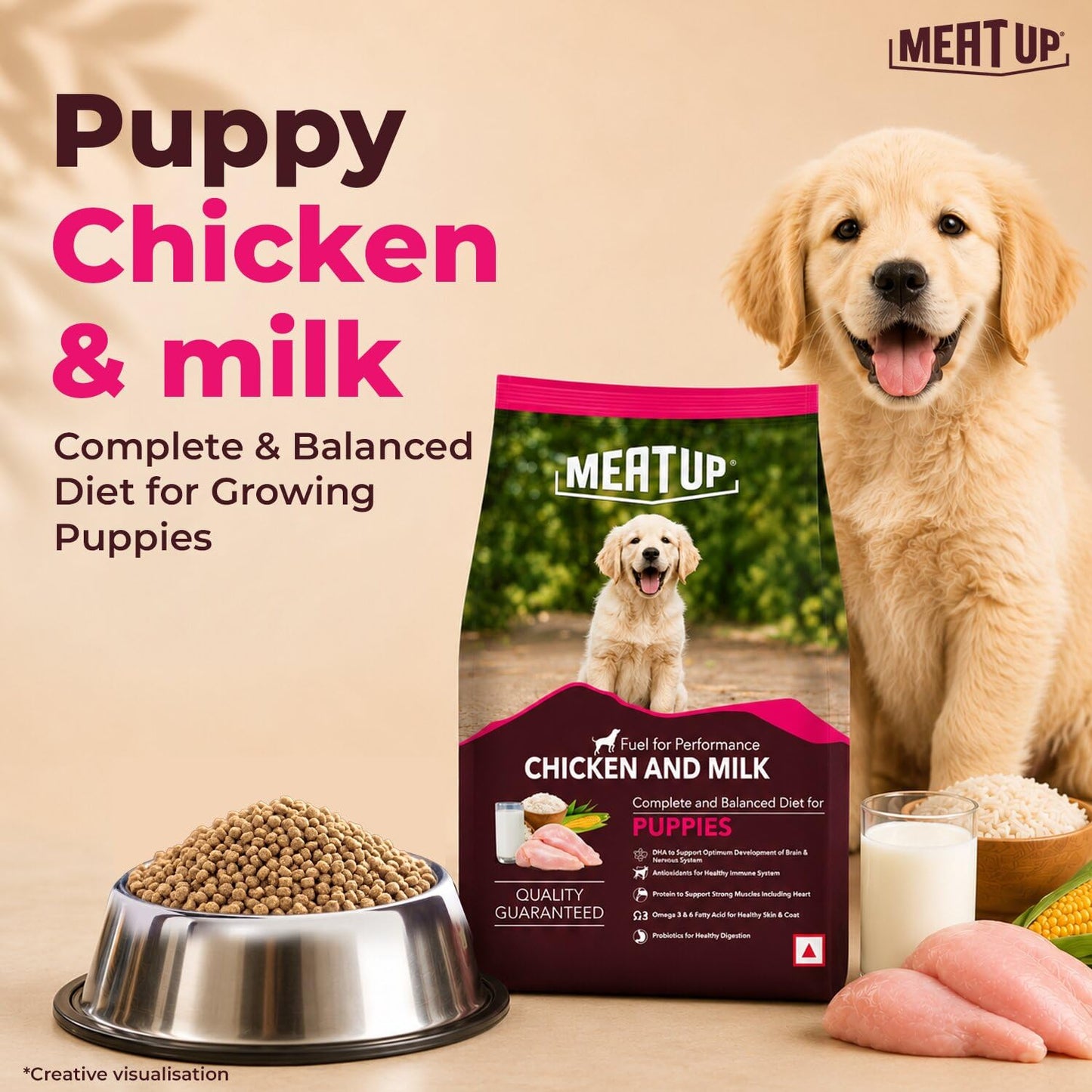 Meat Up Puppy Dry Dog Food 1.2kg Pack| Chicken & Milk Flavour | Supports Growth | Highly Palatable & Easily Digestible