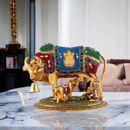 Kalakriti Gold Plated Kamdhenu Cow with Calf Statue |Gau MATA Idol for Pooja |Vastu Feng Shui Decorative Items for Home |Religious Idol Housewarming Gift | Showpiece with Krishna (21x17 cm,1 kg)