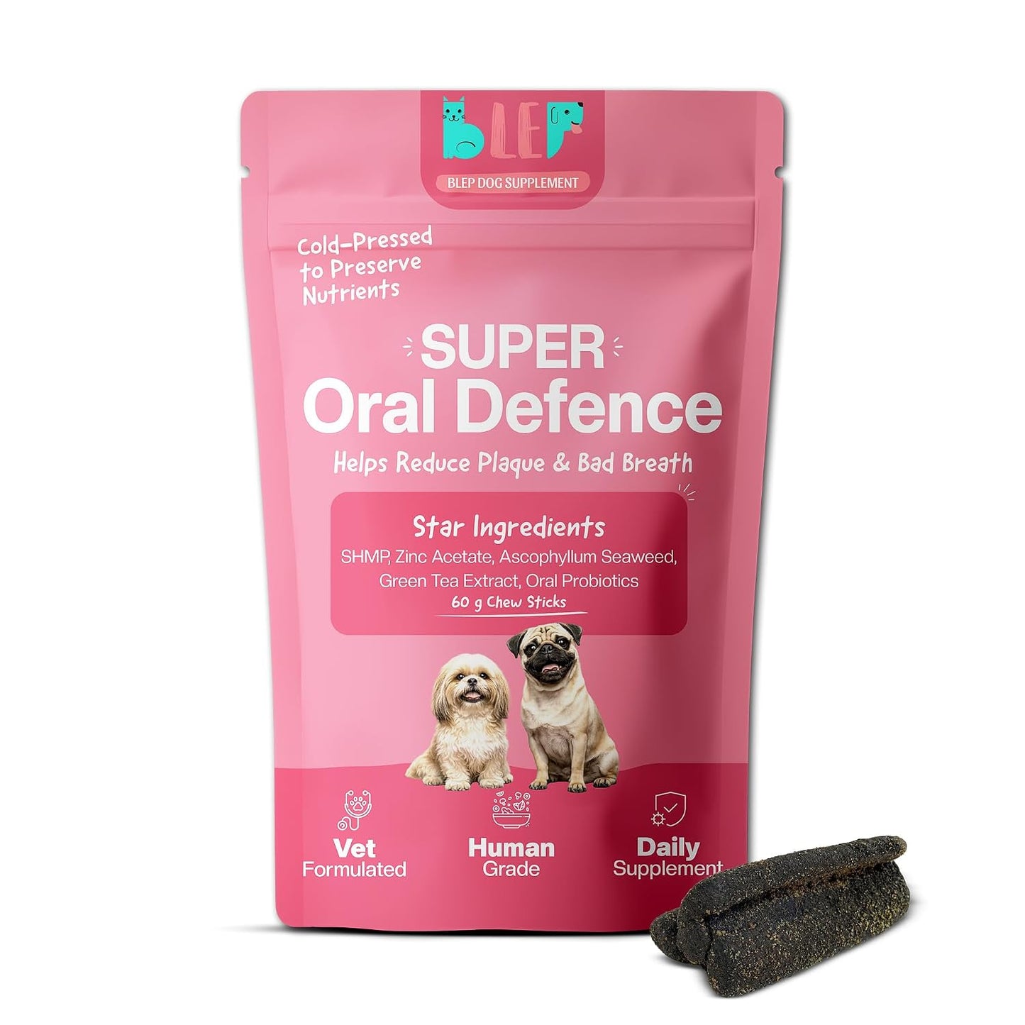 BLEP Super Oral Defence - Dog Dental Supplement, Bad Breath, Plaque, Tartar & Gum Health | Seaweed, Enzymes & Probiotics | Daily Teeth Cleaning | Chicken Chew Sticks, 60g