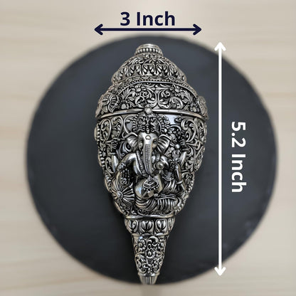 Dev Aastha Silver Plated Ganesh Shankh Idol 5.2 Inch | Lord Ganesha Conch Showpiece for Pooja Room, Home Decor & Office Desk | Vastu Gift Item for Housewarming