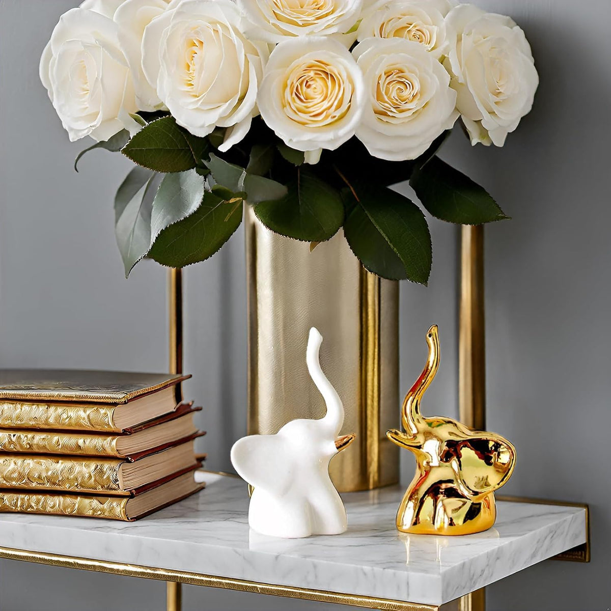 Street27® Home Decor Elephant Statue For Good Luck,Fengshui Ceramic Creative Small Modern Style Elephant Idol Figurines,Decorative Gift Items For Home,Office Desktop,Living Room (2pcs),White,Gold