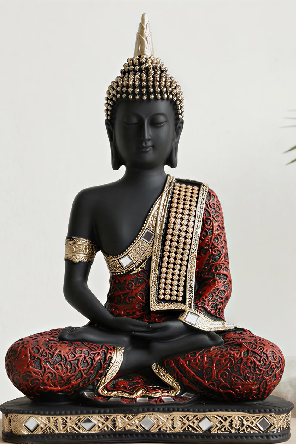 New Limited Edition 25 Centimetre Meditating Sitting Buddha Idol Statue showpiece Home Decor Decoration Items for Living Room and Gifts (Red Black)