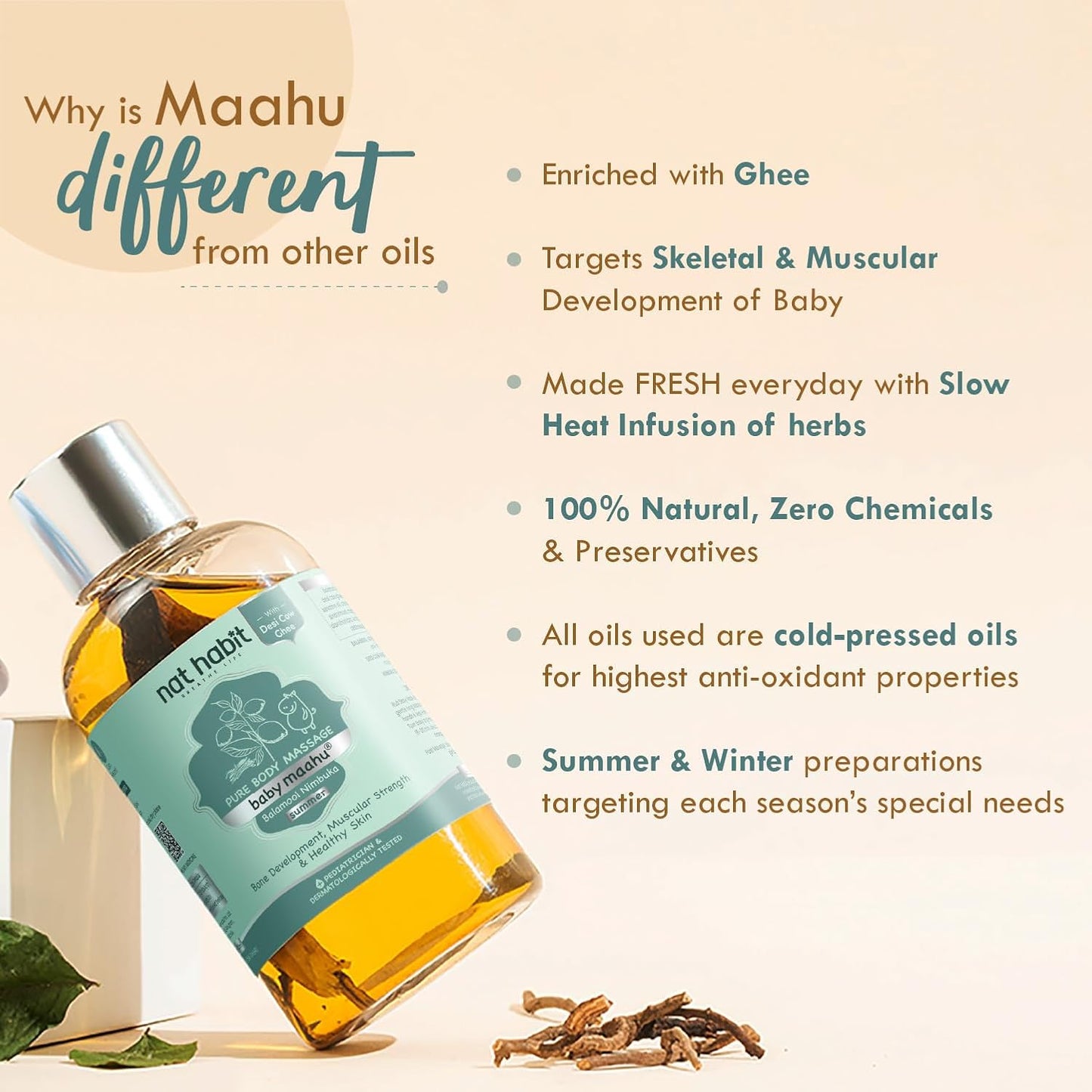 Nat Habit Summer Maahu Baby Massage Oil - Balamool Nimbuka For Bone Development, Muscular Strength & Healthy Skin - Suitable For Ages 0 to 12 years - Zero Chemicals & Preservatives - 200ml