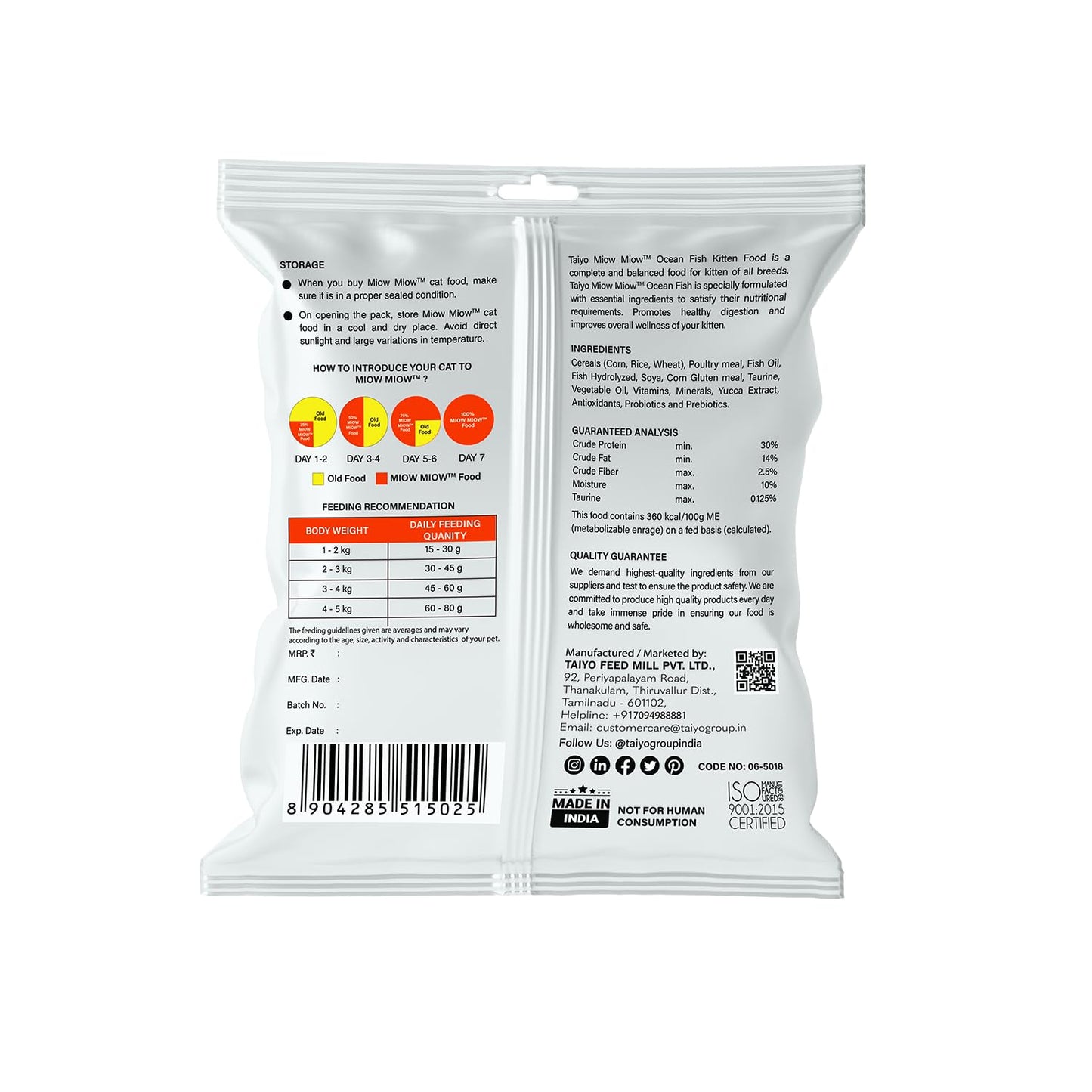 TAIYO MIOW MIOW Adult Ocean Fish, Complete Food for Cat | Formulated with Finest Ingredients (50g)