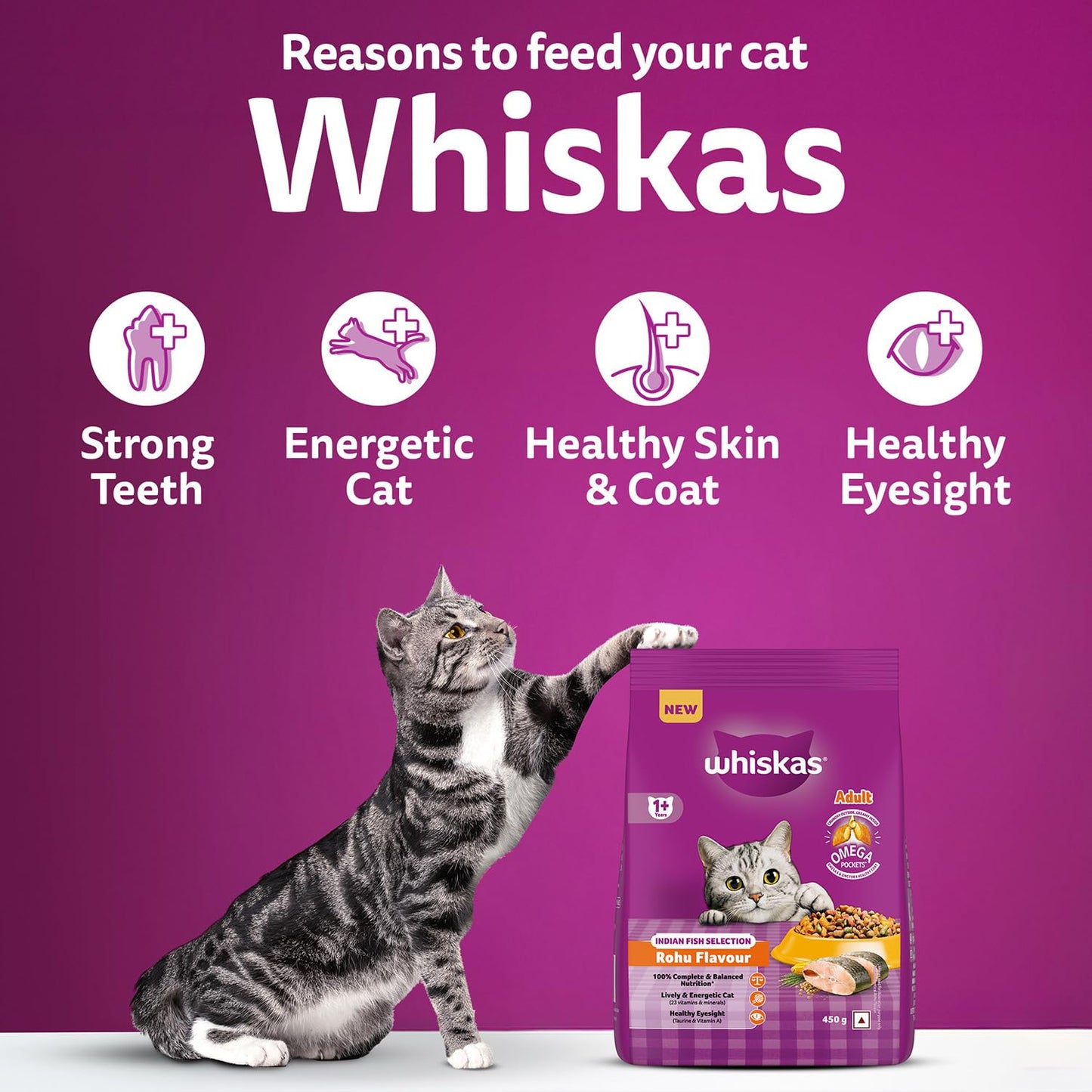 Whiskas Adult (1+ Years) Dry Cat Food, Rohu Fish Flavour, 450 g, Powered with 40 Essential Nutrients, Complete & Balanced Nutrition for Adult Cats