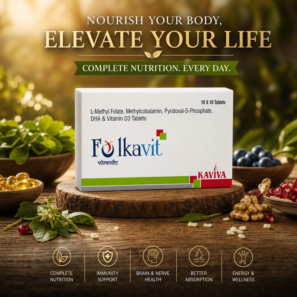 Folkavit L-Methyl Folate, Methylcobalamin, Pyridoxal-5-Phosphate, DHA & Vitamin D3 Tablets | Nutritional Supplement | 10 x 10 Tablets |