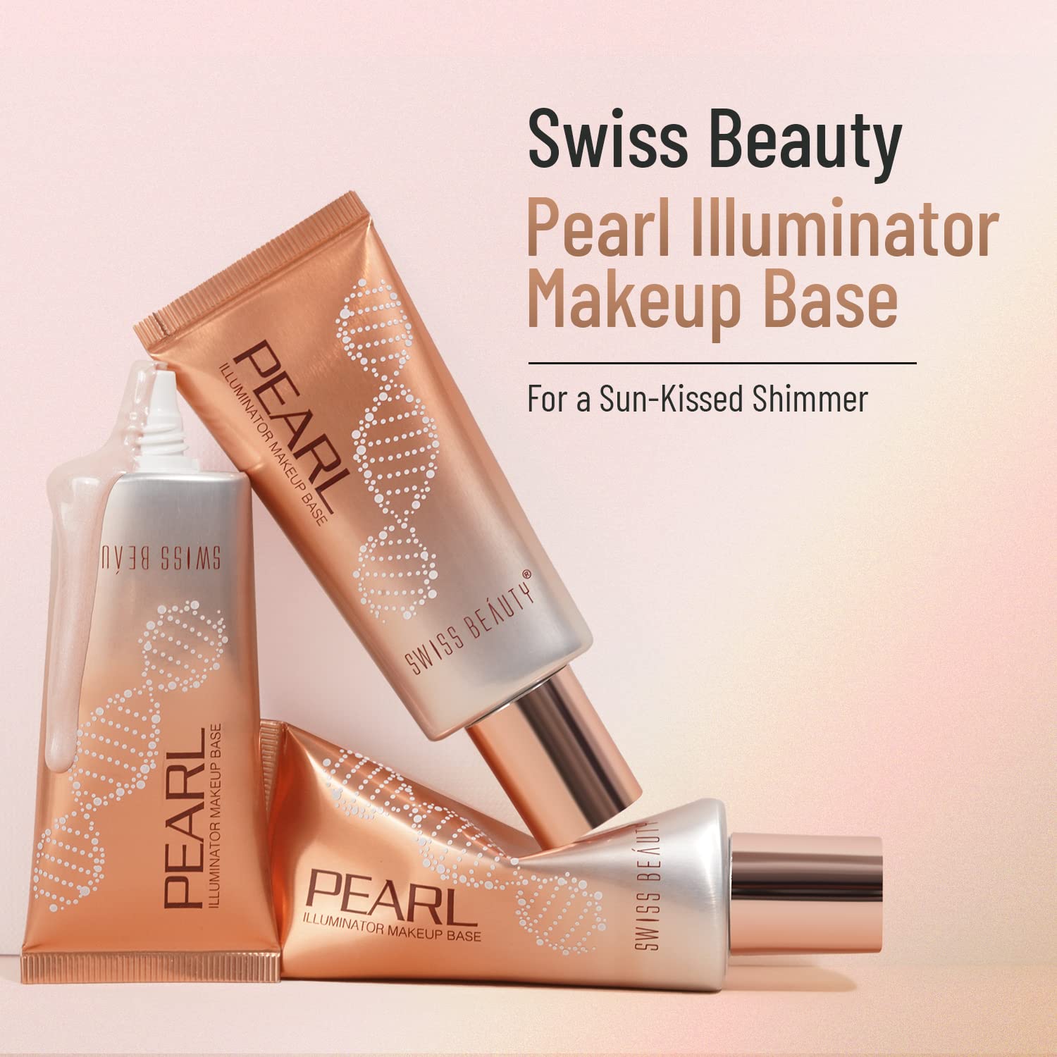 Swiss Beauty Pearl Illuminator Makeup Base with a pink gradient background