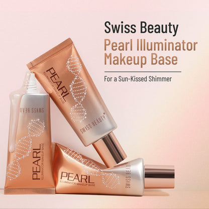 Swiss Beauty Pearl Illuminator Makeup Base with a pink gradient background