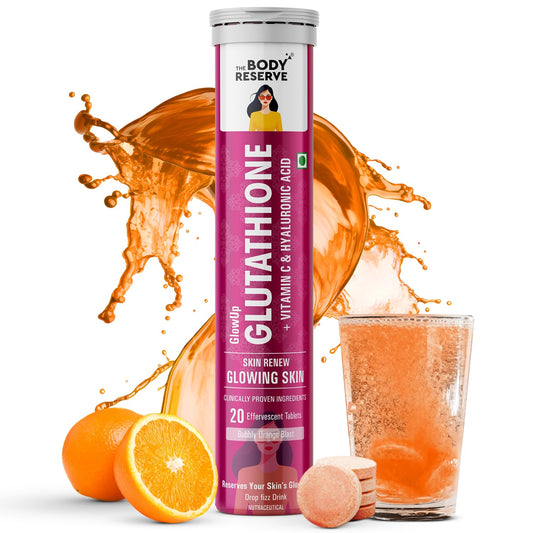Body Reserve Glutathione supplement with oranges and a glass of orange juice on a white background