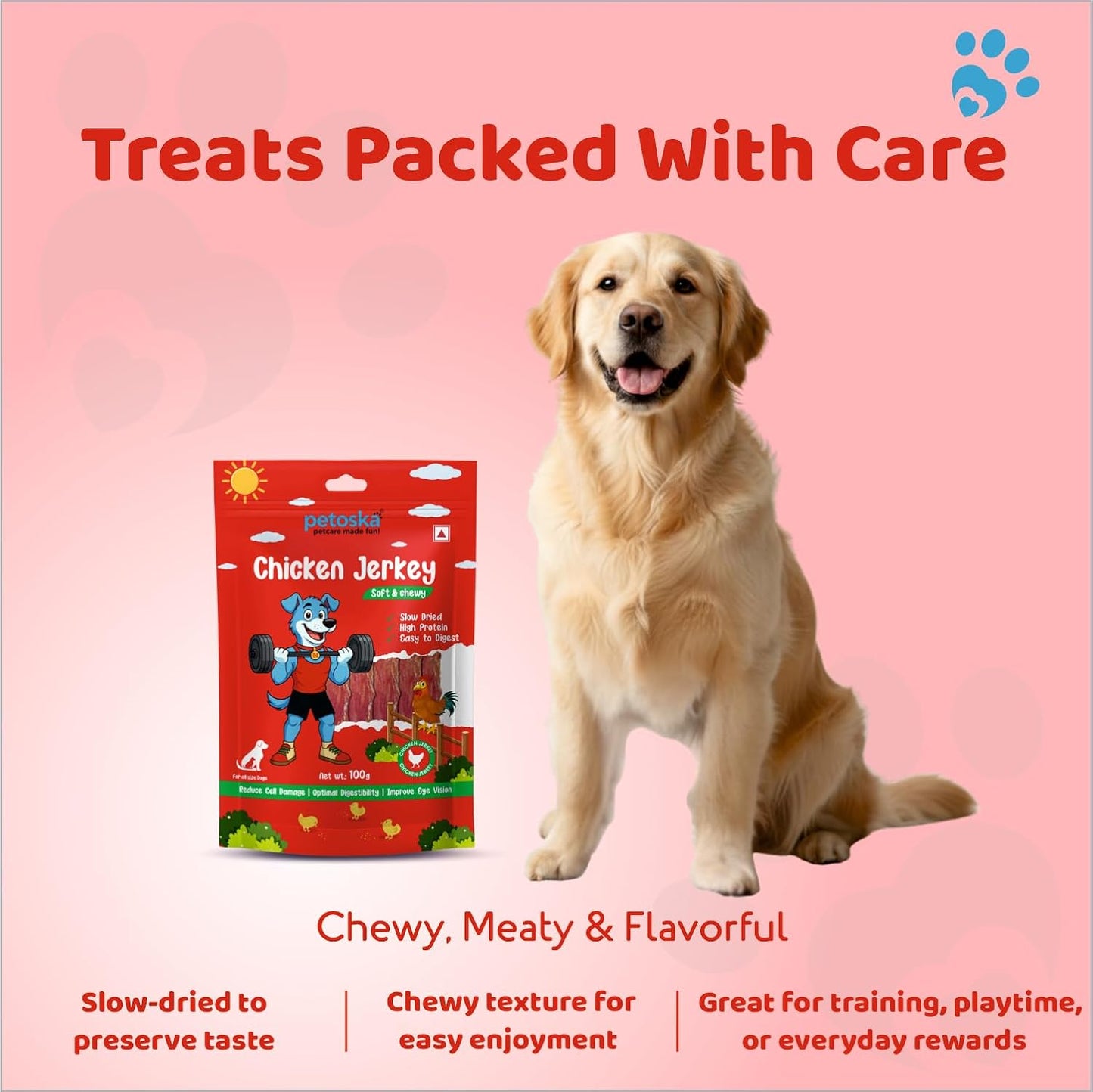 PETOSKA Chicken Jerky- 100gms | Dog Treats Made with Real Chicken Meat | Highly Nutritious | Easy to Digest | Improved Eye Vision | Suitable for All Dog Breeds | Pack of 1