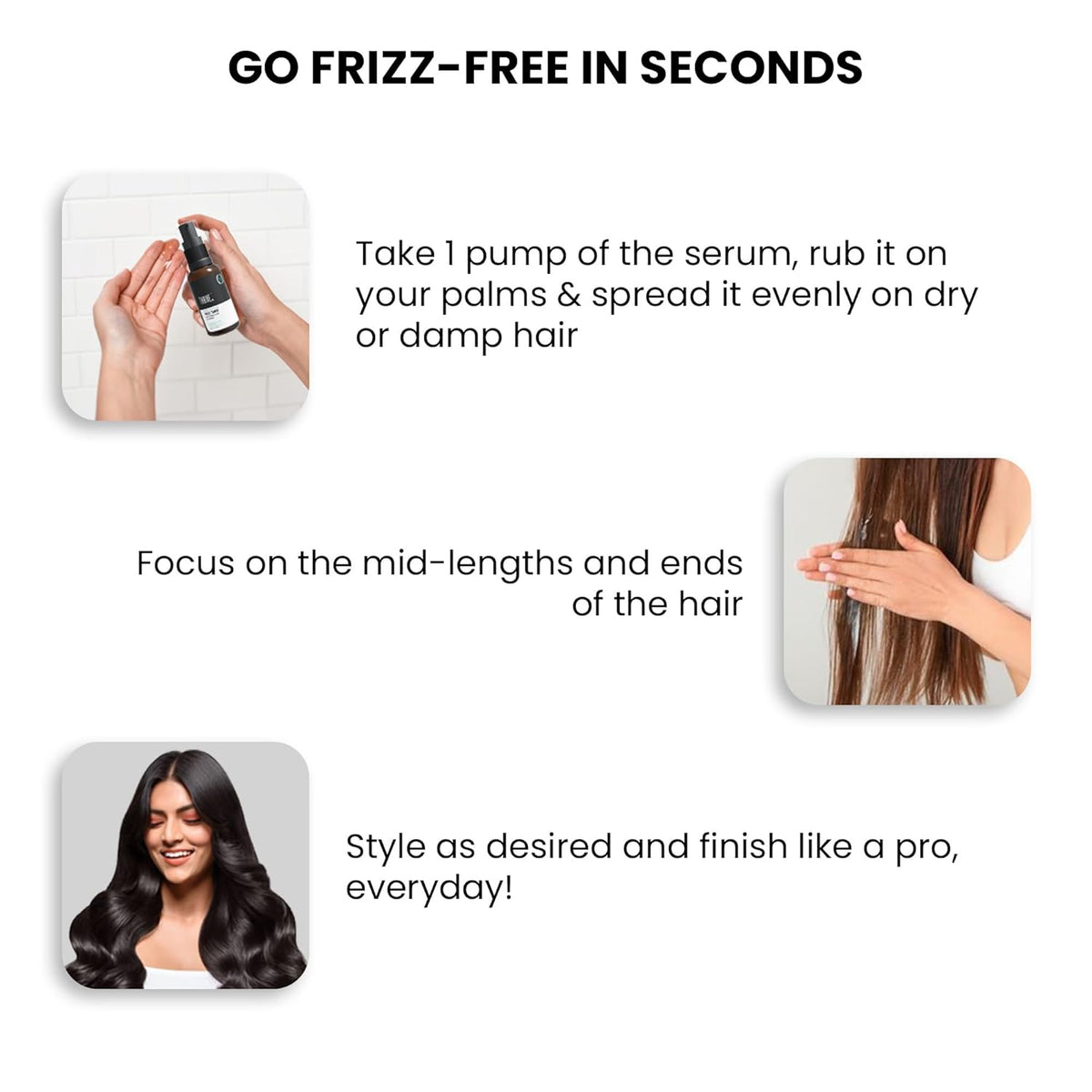 Instructions for using a hair serum to reduce frizz with images and text.