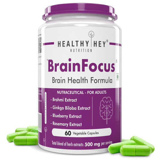 Healthy Hey Nutrition BrainFocus supplement bottle with green capsules on a white background
