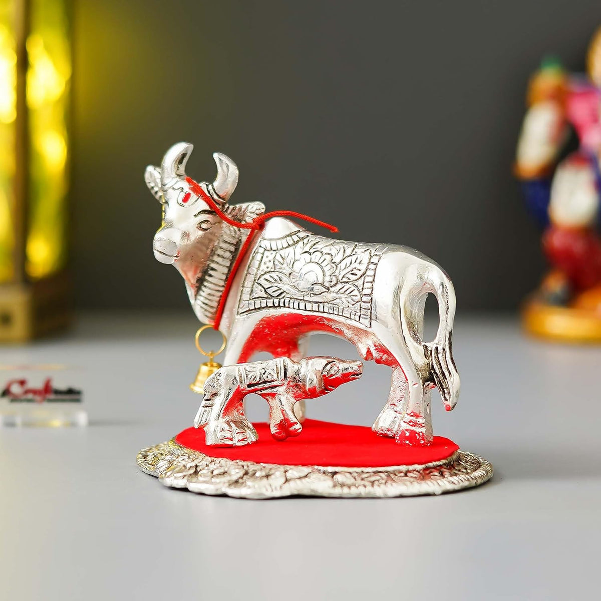 Metal Silver Kamdhenu Cow and Calf Statue | Animal Figurine Decorative Showpiece| Cow with Calf Idol for Home Office Temple | Gift for Diwali Housewarming Birthday