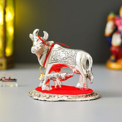 Metal Silver Kamdhenu Cow and Calf Statue | Animal Figurine Decorative Showpiece| Cow with Calf Idol for Home Office Temple | Gift for Diwali Housewarming Birthday