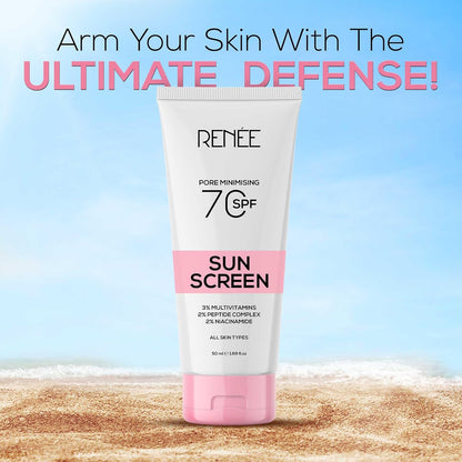 Tube of sunscreen with text 'Arm Your Skin With The ULTIMATE DEFENSE!' and 'RENEE' brand name on a beach background.