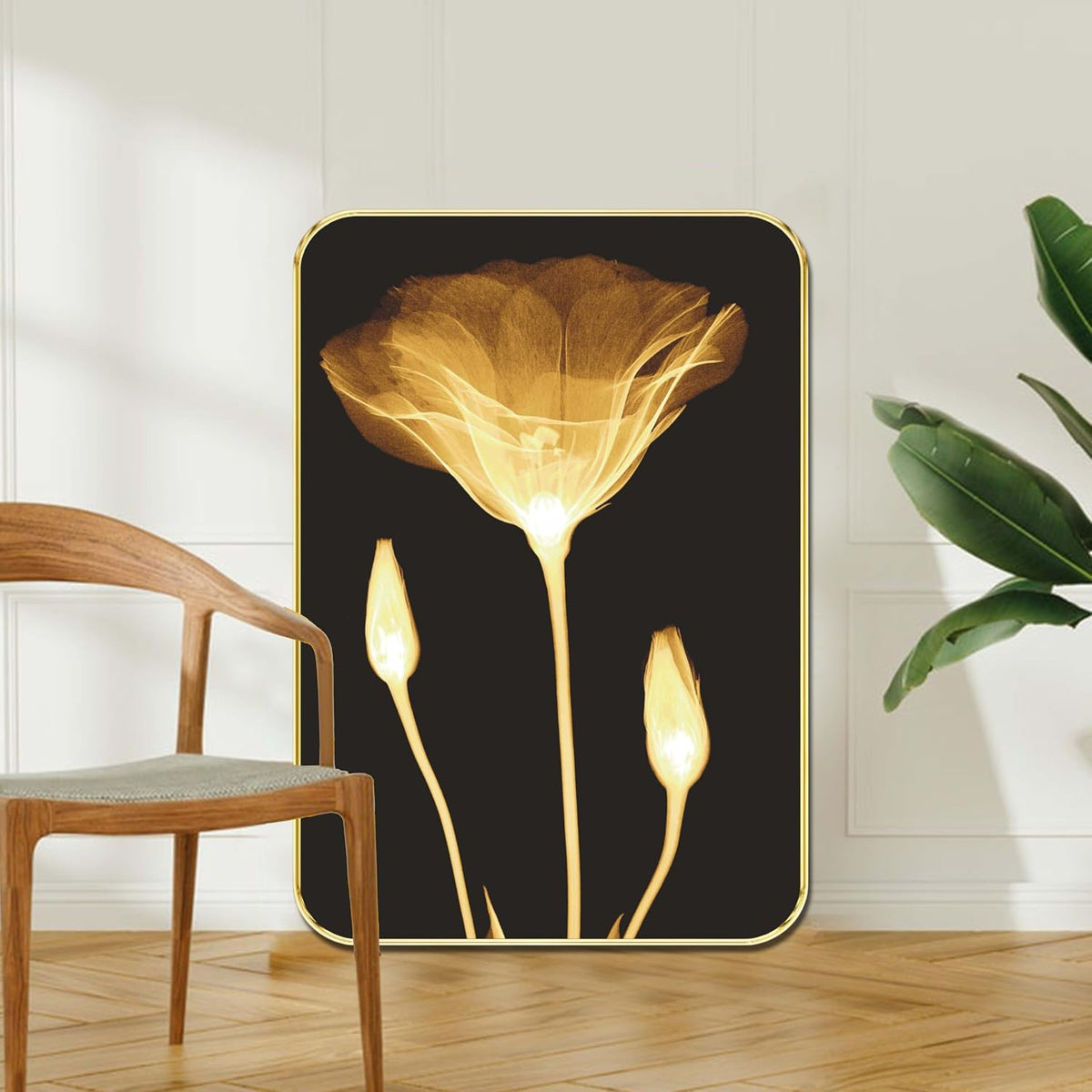 Golden Floral Wall Painting | Glowing Flower Artwork with Black Background | Modern Decorative MDF Frame for Living Room, Bedroom, Office & Home Interior Wall Décor (19 x 13 Inch) MG01-1038
