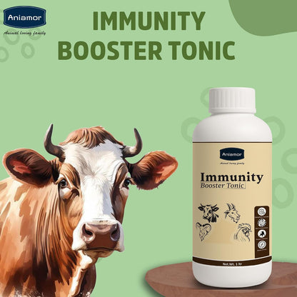 Aniamor Immunity Booster Tonic for Cattle, Cow, Buffalo, Goat, Sheep & Broilers | Vitamin A, D3, E, B12 with Selenium & Yeast Extract | Liquid Feed Supplement for Growth & Productivity | 1 Litre