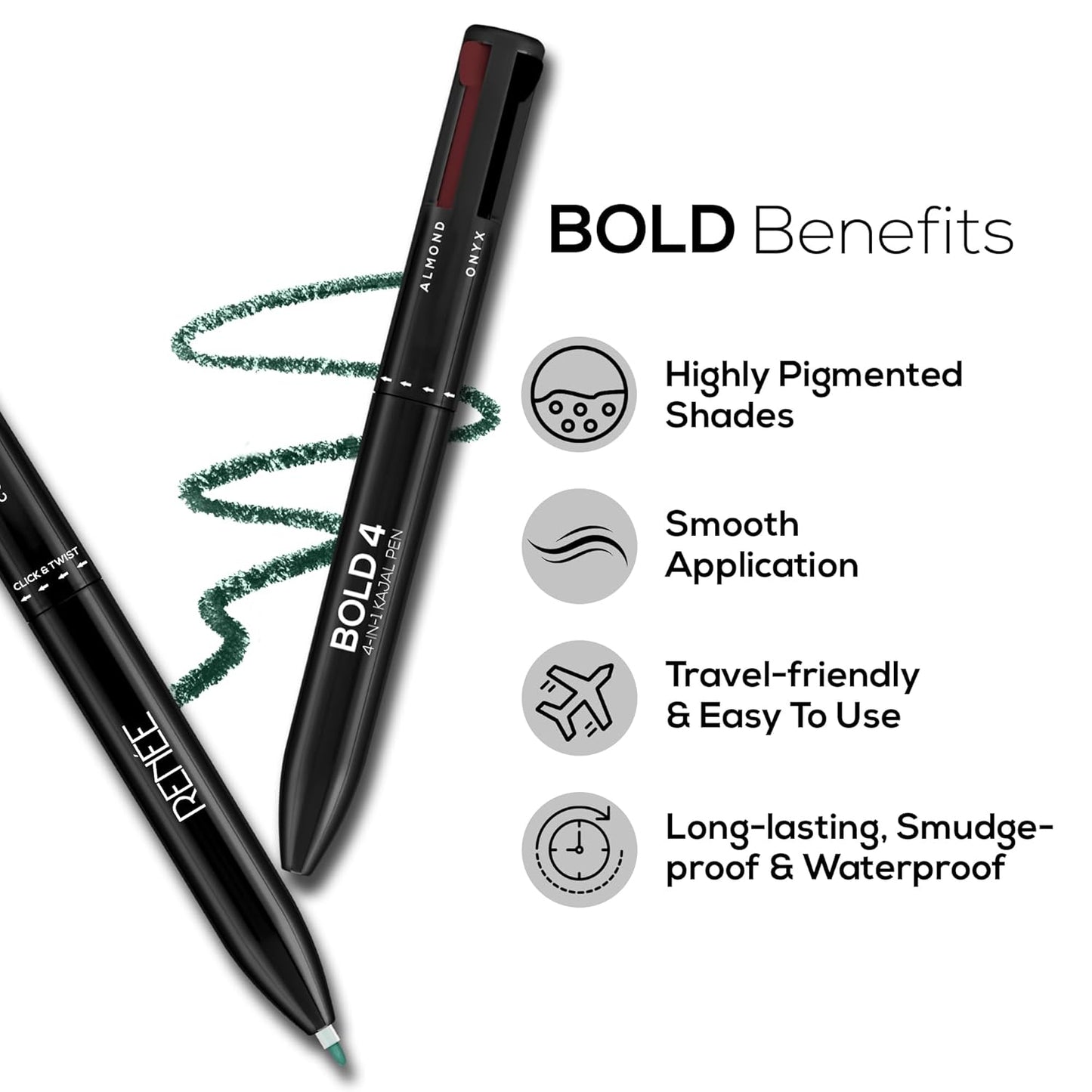 RENEE Bold 4-4-in-1 Kajal - Four Shades Black, Brown, Teal & Blue | Matte Finish | Rich Color Payoff | One-stroke Application | Travel Friendly | Easy to Use