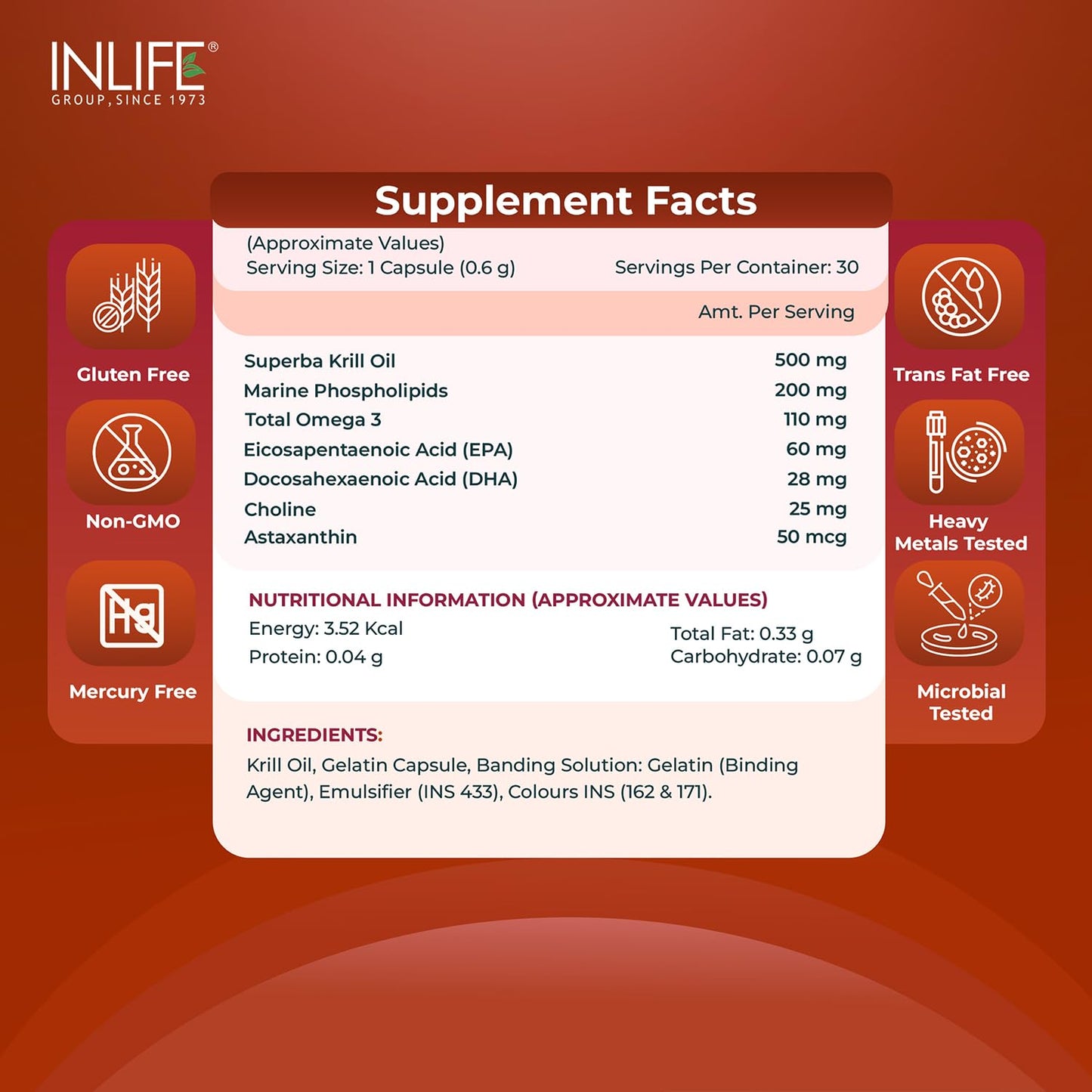 INLIFE Krill Oil Omega 3 Capsule 500mg | Antarctic Marine Phospholipids with EPA DHA Astaxanthin | Supplement for Heart, Brain, Joint, Eye & Skin Health - 30 Liquid Filled Hard Capsules (Pack of 1)