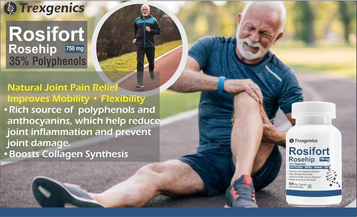 Man with knee pain sitting on a path, with Tregenics Rosifort Rosehip supplement bottle and product details.