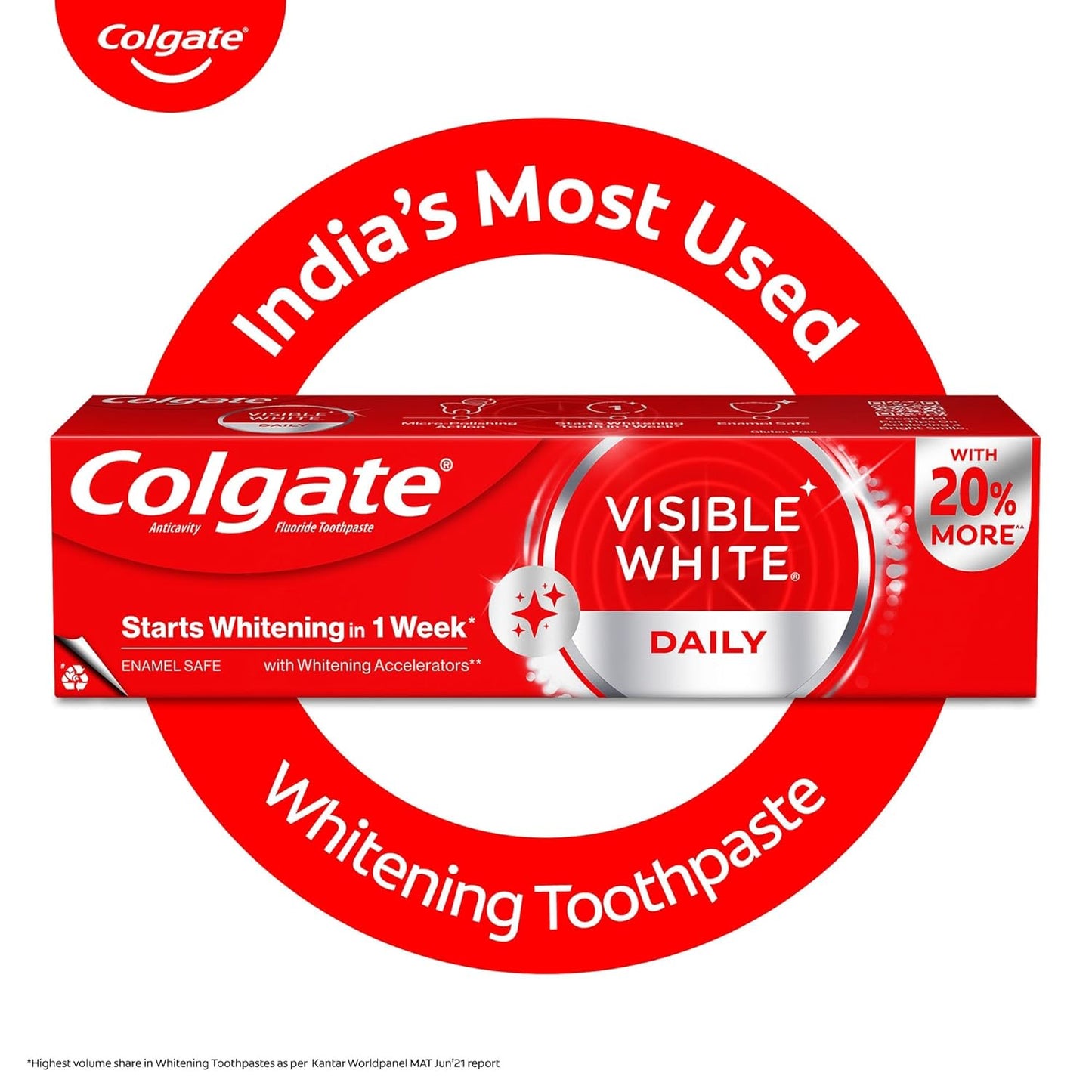 Colgate Visible White Toothpaste, Teeth Whitening Starts in 1 week, Safe on Enamel, Stain Removal Tooth Paste and Minty Flavour for Fresh Breath (100g + 20g)