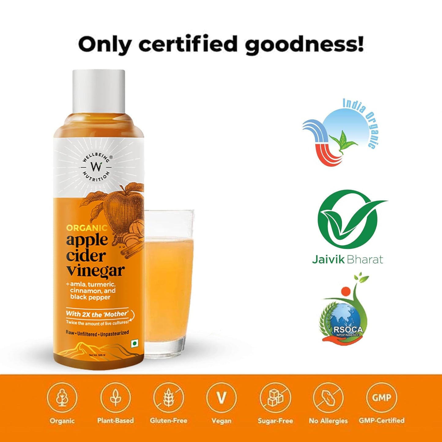 Wellbeing Nutrition Apple Cider Vinegar with Turmeric, Amla, Cinnamon and Black Pepper | Raw Unfiltered with 2X The Mother | Supports Weight Management, Boost Immunity & Detox, Skin Health | 500ml