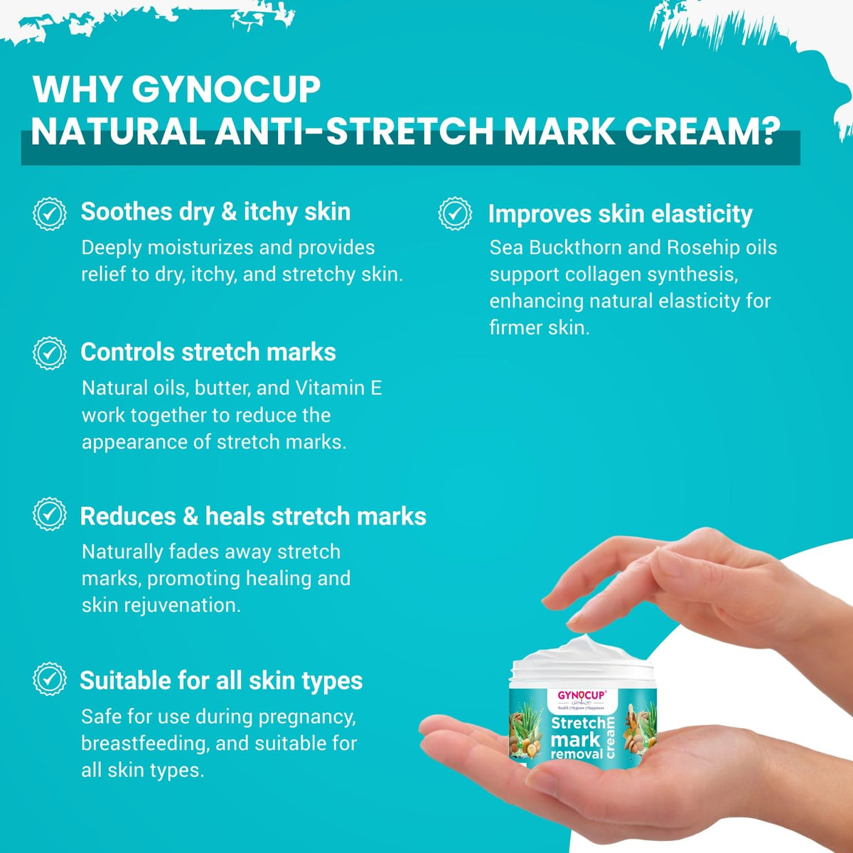 Gynocup Natural Anti-Stretch Mark Cream advertisement with product and benefits listed on a blue background.