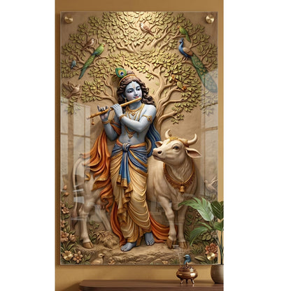 Krishna with Cow Acrylic Wall Painting for Living Room | 4MM Acrylic Glass Wall Decor | Vastu Krishna Canvas Art for Home Decoration, Bedroom, Office Wall Decoration | Spiritual Tree of Life Painting (12x23 inch)