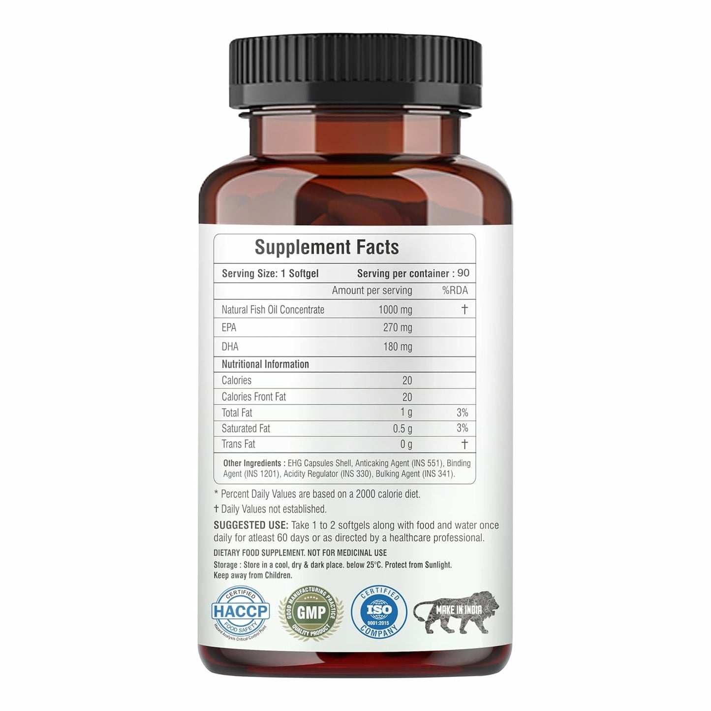 Supplement bottle with label showing supplement facts and certification logos on a white background