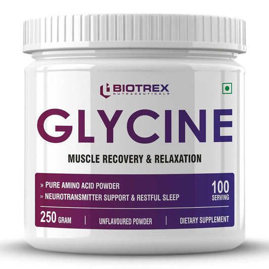 Biotrex Nutraceuticals Glycine Pure Amino Acid Powder | Muscle Recovery & Relaxation | Neurotransmitter Support & Restful Sleep | Enhances Energy & Strength | Unflavoured, Gluten Free - 250 gram (100 Servings)