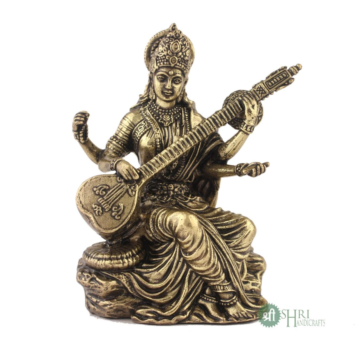 Handcrafted Brass Goddess Saraswati Statue for Home Temple | 3" Maa Saraswati Figurine Idol Murti Symbol of Learning & Creativity (Weight- 80gm)