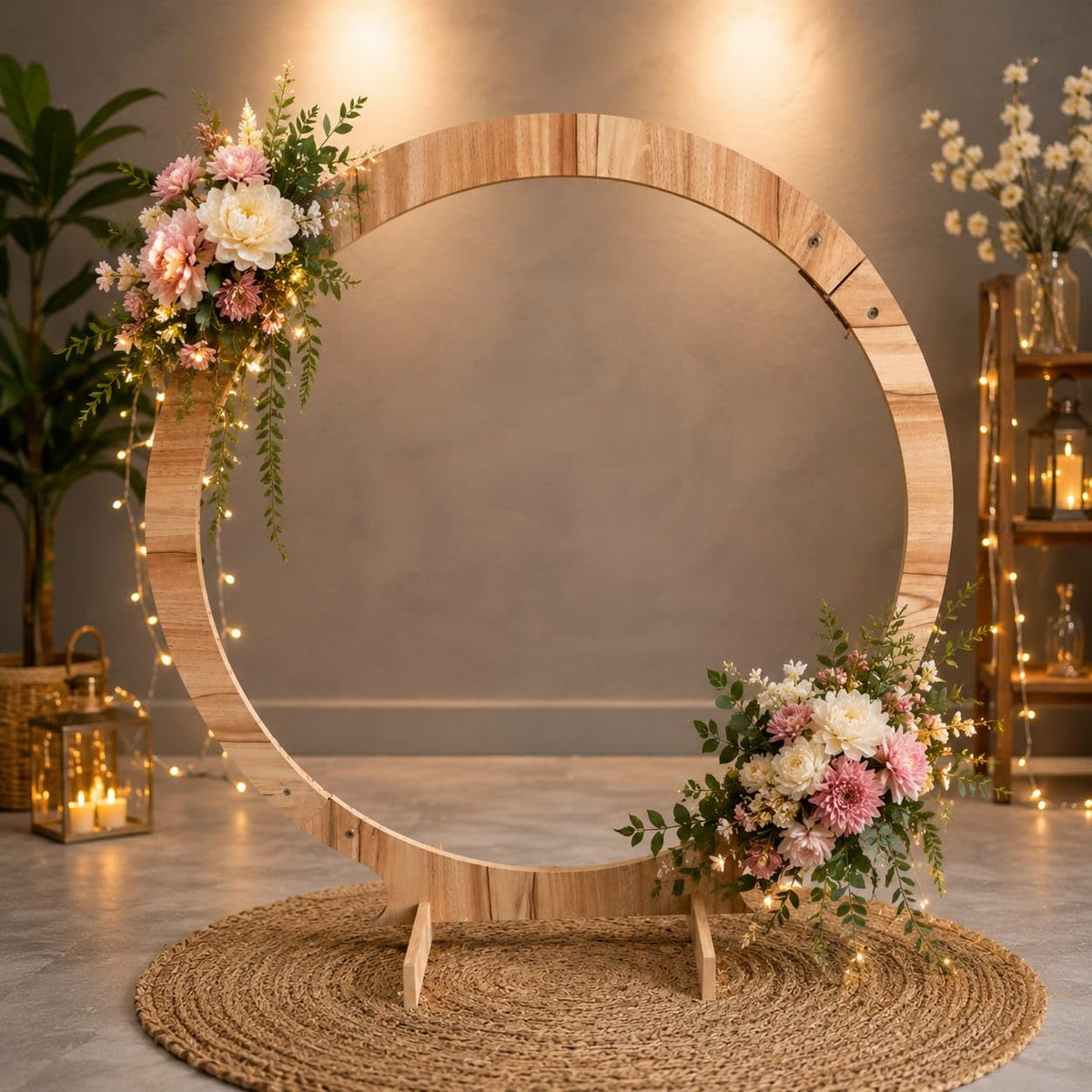 SATYAM KRAFT 1 Piece Foldable Round Shape Wooden Makhar Mandap | Wooden Pooja Backdrop Stand for DIY Pandal & Temple | Festival Decoration Setup for Ganesh Chaturthi & Idol Pooja Decor