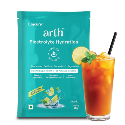 Arth Electrolyte Powder for Quick & Daily Hydration | With L-Glutamine, Potassium & Magnesium | Low Sodium Hydration Drink | Supports Muscle Recovery & Immunity | Lemon Iced Tea Flavour | 20 Sachets