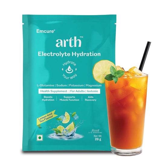 Arth Electrolyte Powder for Quick & Daily Hydration | With L-Glutamine, Potassium & Magnesium | Low Sodium Hydration Drink | Supports Muscle Recovery & Immunity | Lemon Iced Tea Flavour | 20 Sachets