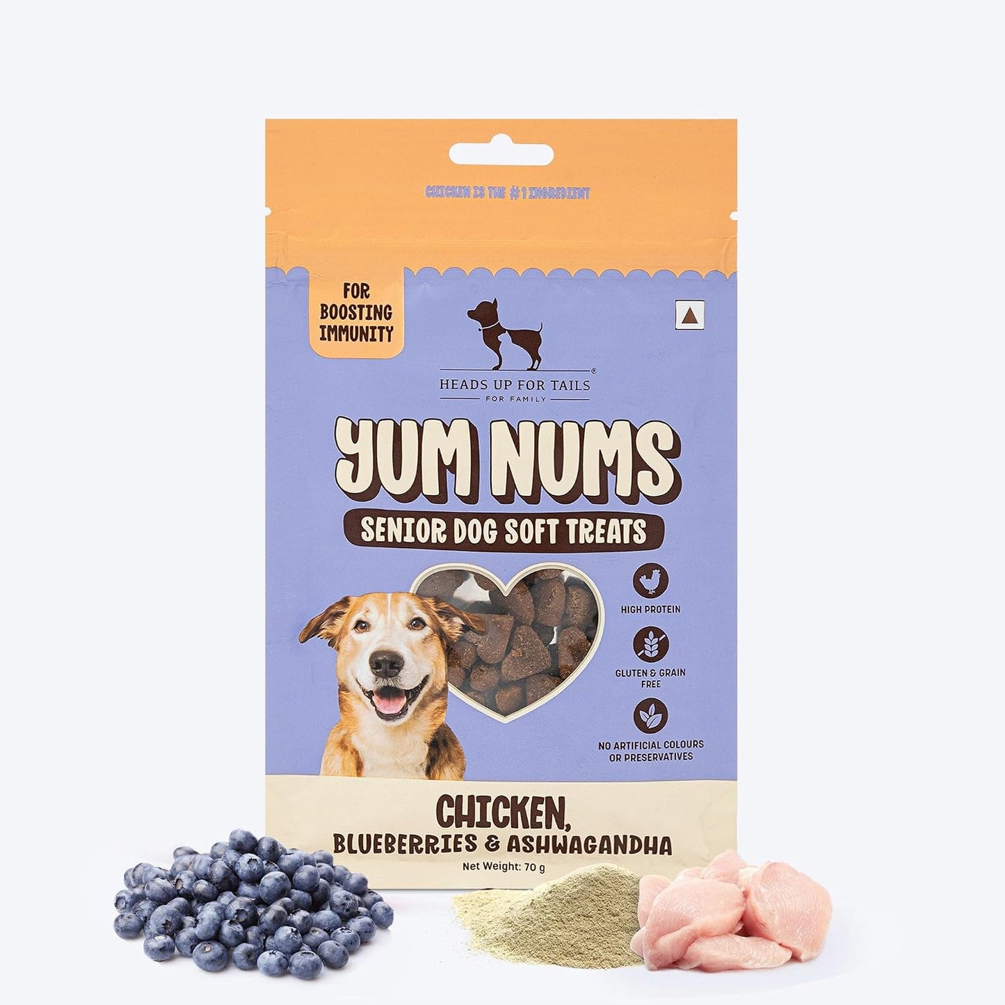 Yum Nums by HUFT Soft & Chewy Sticks - 70 gm | Chicken,Blueberries & Ashwagandha | for Senior Dog | High in Proteins | Gluten & Grain Free | Salt & Sugar Free | No Artificial Colours